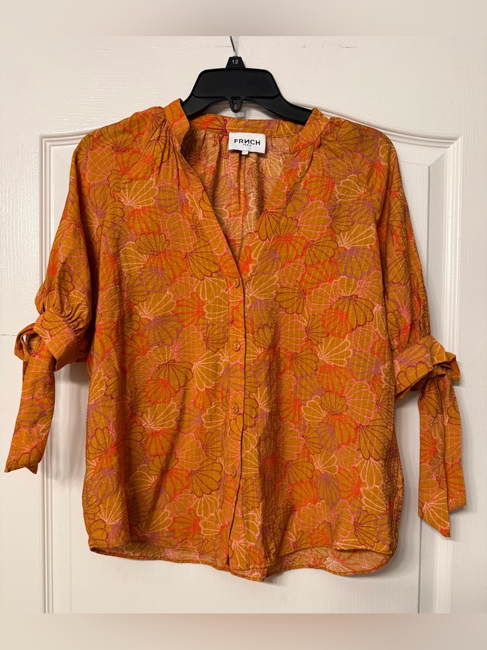 FRNCH Paris Blouse Small Tie Sleeve Button Front Shell Print Orange Pink Viscose